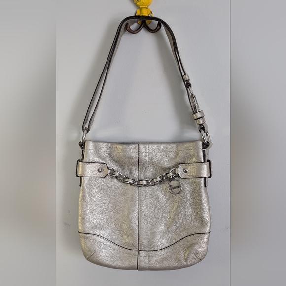 Coach Handbags - Coach | Chain Duffle #F19722 Crossbody Purse, Silver Toned Leather Bag